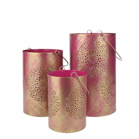 Northlight Seasonal Fuschia Pink and Gold Decorative Floral Cut-Out Pillar Candle Lanterns 31580035